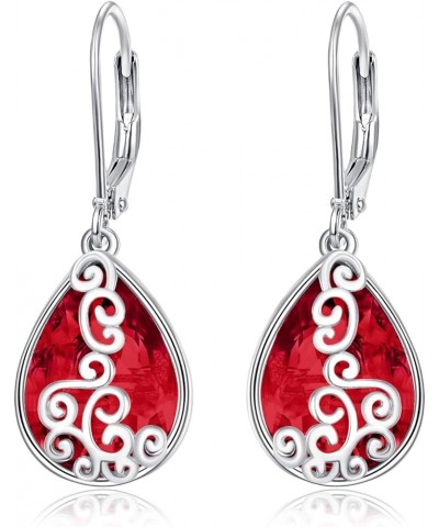 Teardrop Leverback Dangle Earrings Filigree Hook Earring for Women Fashion 925 Sterling Silver Hypoallergenic Jewelry 07-Ruby...