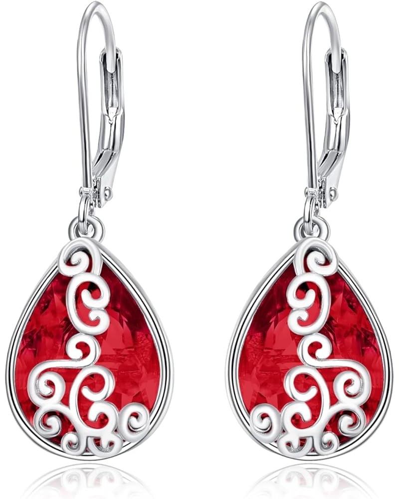 Teardrop Leverback Dangle Earrings Filigree Hook Earring for Women Fashion 925 Sterling Silver Hypoallergenic Jewelry 07-Ruby...