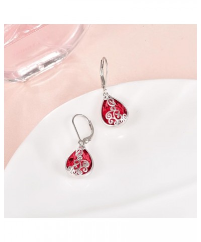 Teardrop Leverback Dangle Earrings Filigree Hook Earring for Women Fashion 925 Sterling Silver Hypoallergenic Jewelry 07-Ruby...