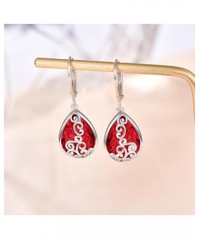 Teardrop Leverback Dangle Earrings Filigree Hook Earring for Women Fashion 925 Sterling Silver Hypoallergenic Jewelry 07-Ruby...