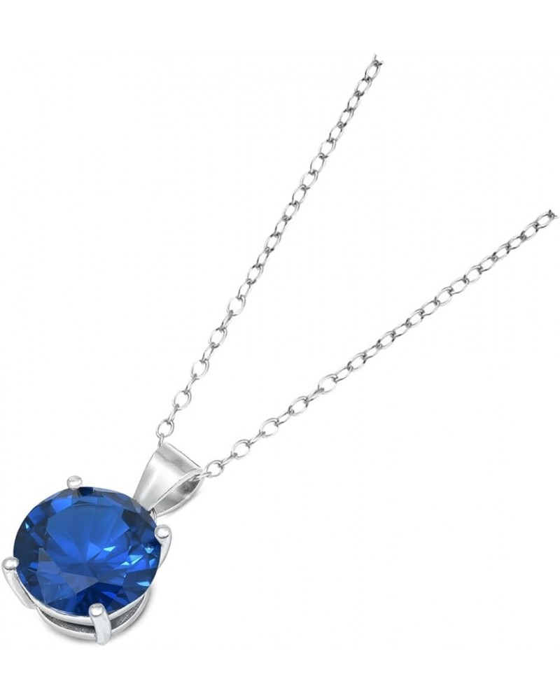 Solitaire Round-Cut Simulated CZ Pendant Necklace 8mm 925 Sterling Silver Adjustable Cable Chain 16" + 2" ext Simulated Blue ...