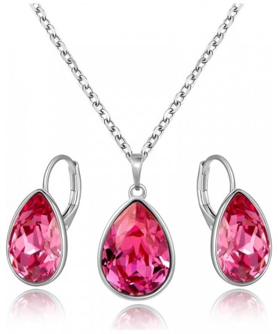 Birthstone Jewelry Set Necklace and Earrings Teardrop Pendant Crystal Set Gift for Women Wedding Party Accessories Rose $11.4...