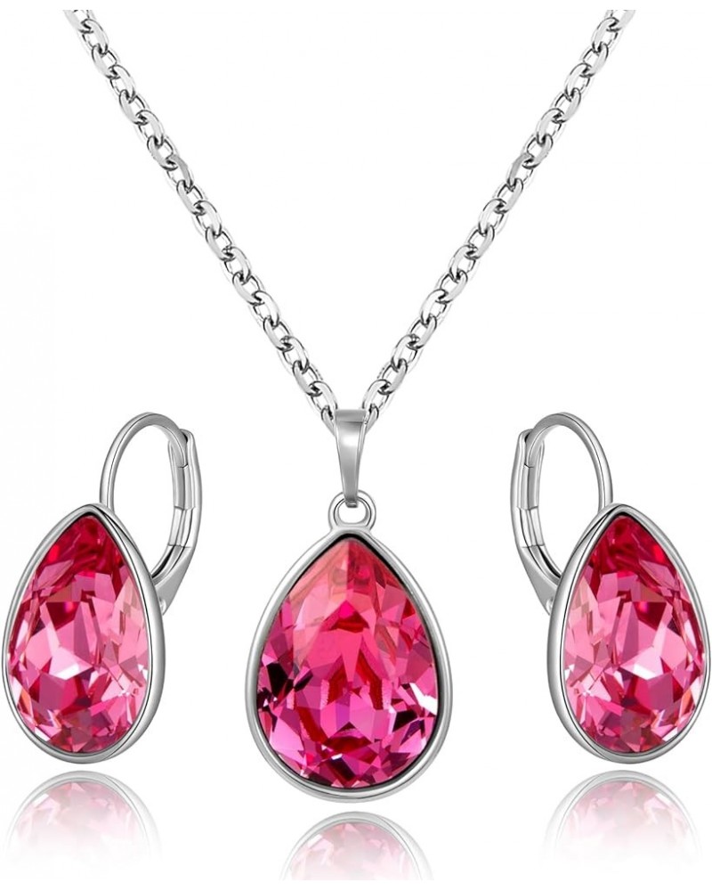 Birthstone Jewelry Set Necklace and Earrings Teardrop Pendant Crystal Set Gift for Women Wedding Party Accessories Rose $11.4...