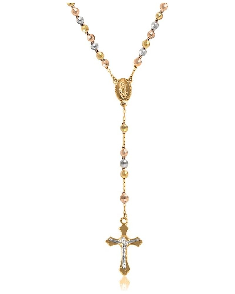 14K Gold Plated Beaded Rosary Cross Necklace – 6.5MM Crucifix Cross Medallion Rosary Chain Y-Necklace for Women & Men Religio...