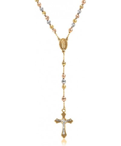 14K Gold Plated Beaded Rosary Cross Necklace – 6.5MM Crucifix Cross Medallion Rosary Chain Y-Necklace for Women & Men Religio...