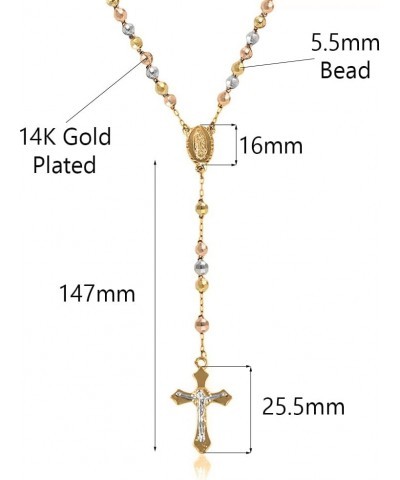 14K Gold Plated Beaded Rosary Cross Necklace – 6.5MM Crucifix Cross Medallion Rosary Chain Y-Necklace for Women & Men Religio...