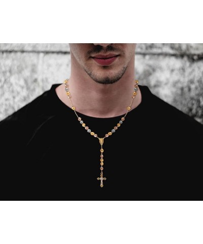 14K Gold Plated Beaded Rosary Cross Necklace – 6.5MM Crucifix Cross Medallion Rosary Chain Y-Necklace for Women & Men Religio...