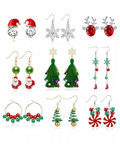 9 Pairs Christmas Earrings Holiday Earrings Christmas Tree Ball Snowflake Candy Bow Dangle Earrings Set for for Women Girls S...