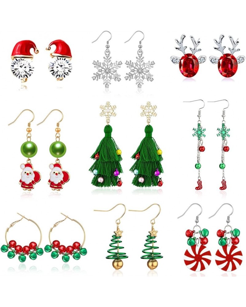 9 Pairs Christmas Earrings Holiday Earrings Christmas Tree Ball Snowflake Candy Bow Dangle Earrings Set for for Women Girls S...