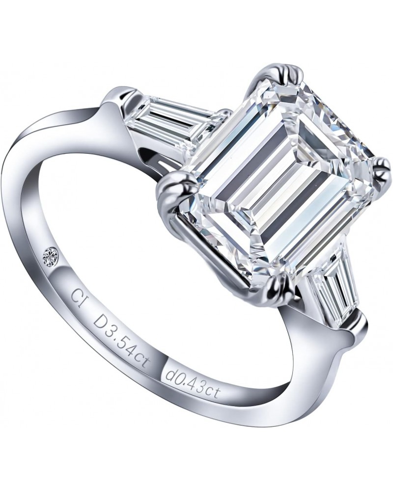 Emerald Cut Moissanite Ring for Women 4CT Three Stone Moissanite Engagement Rings with Baguette Sterling Silver White Gold Pl...