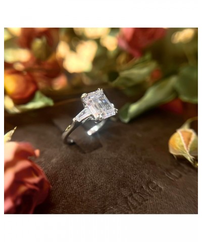 Emerald Cut Moissanite Ring for Women 4CT Three Stone Moissanite Engagement Rings with Baguette Sterling Silver White Gold Pl...