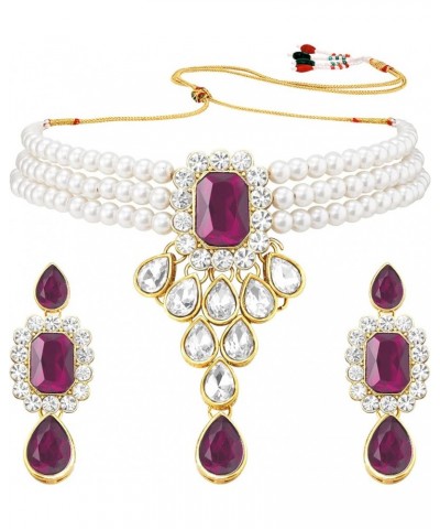 Gold Plated Kundan Jewelry Necklace With Earring Set For Women Rani Pink 2 $13.33 Jewelry Sets