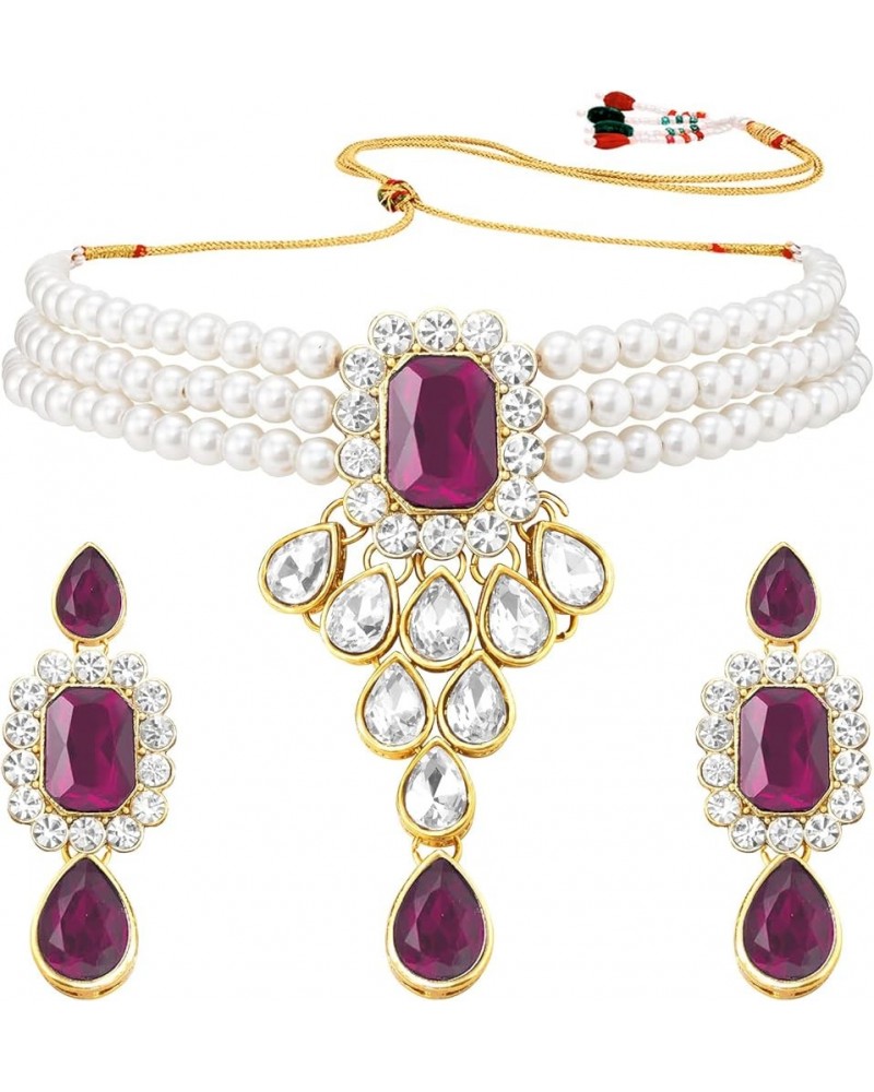 Gold Plated Kundan Jewelry Necklace With Earring Set For Women Rani Pink 2 $13.33 Jewelry Sets