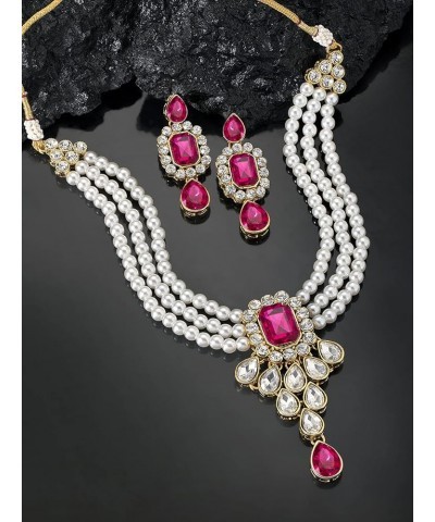 Gold Plated Kundan Jewelry Necklace With Earring Set For Women Rani Pink 2 $13.33 Jewelry Sets