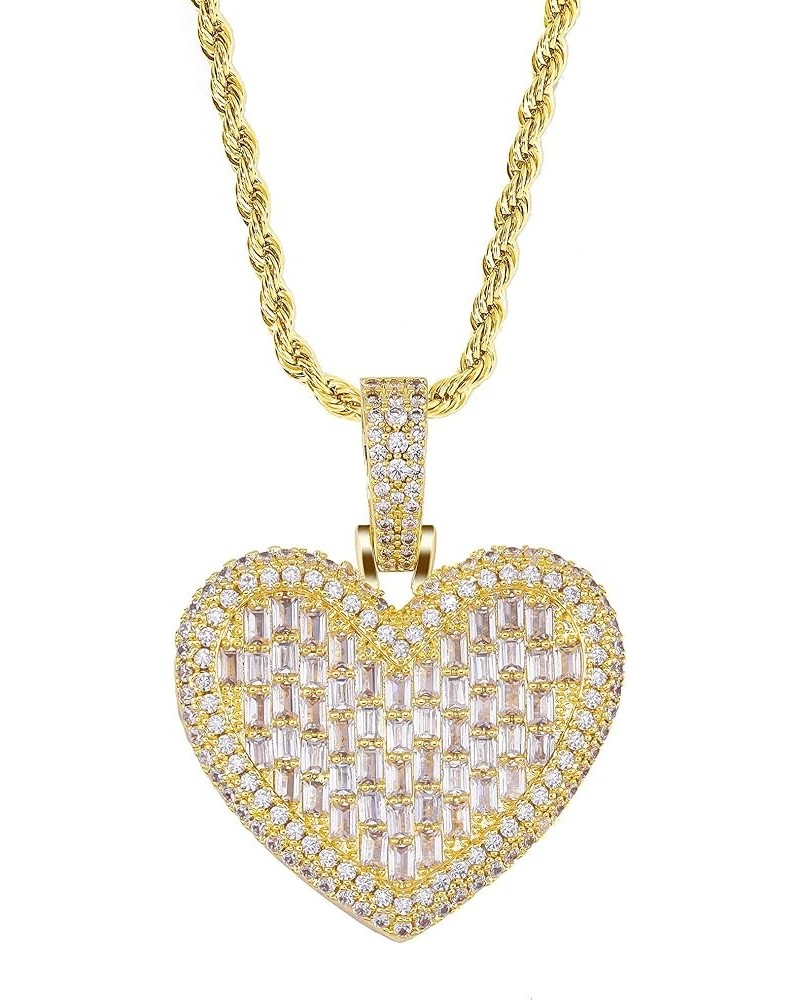 Iced Out Heart Shaped Pendant with 20" Rope Chain, Gold Silver Color Cubic Zirconia Diamond-studded Heart Charm Necklace, Hip...