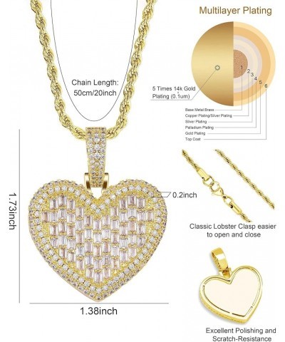 Iced Out Heart Shaped Pendant with 20" Rope Chain, Gold Silver Color Cubic Zirconia Diamond-studded Heart Charm Necklace, Hip...