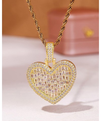 Iced Out Heart Shaped Pendant with 20" Rope Chain, Gold Silver Color Cubic Zirconia Diamond-studded Heart Charm Necklace, Hip...