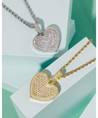 Iced Out Heart Shaped Pendant with 20" Rope Chain, Gold Silver Color Cubic Zirconia Diamond-studded Heart Charm Necklace, Hip...