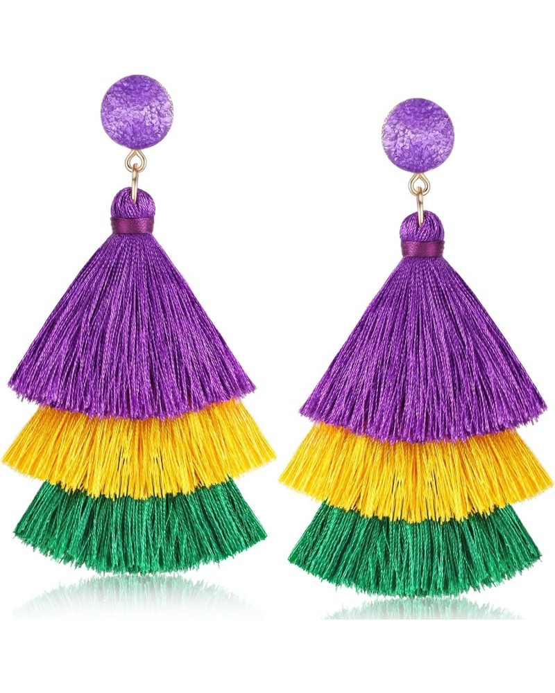 Mardi Gras Tassel Earrings Vintage Retro Bohemia Earring Purple Yellow Green 3 Layered Earrings for Women Handmade Fringe Coc...