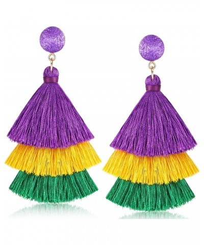 Mardi Gras Tassel Earrings Vintage Retro Bohemia Earring Purple Yellow Green 3 Layered Earrings for Women Handmade Fringe Coc...