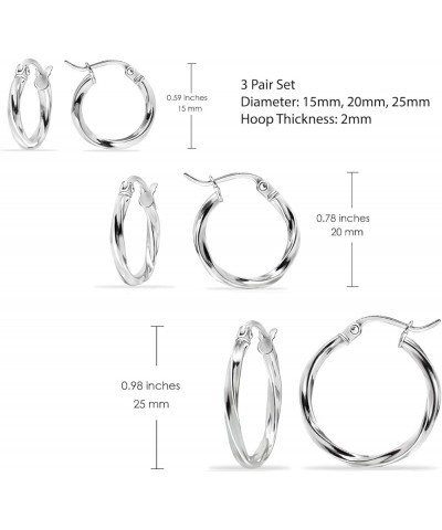 925 Sterling Silver 2mm Twist Hoop Earrings for Women Men Teen Girls, 15mm, 20mm, 25mm | 3 Pair Set Silver $19.20 Earrings