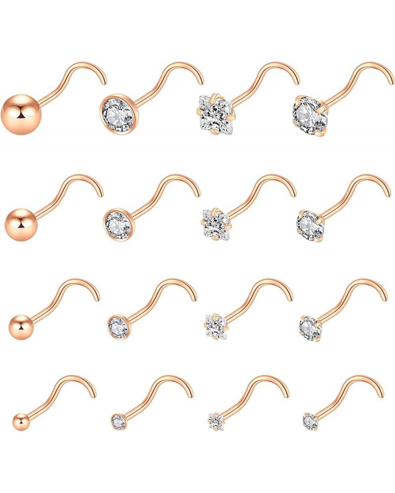 16pcs 20g Stainless Steel Nose Stud for Women 20g Nose Ring Surgical Steel for Men Body Piercing Jewelry Screw-Rose Gold Plat...