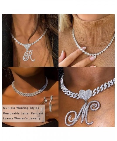 Cursive Silver Initial Pendant Necklace for Women Miami Cuban Link Chain Layered Heart Shape Bling Diamond Iced Out Chain Pen...