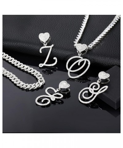 Cursive Silver Initial Pendant Necklace for Women Miami Cuban Link Chain Layered Heart Shape Bling Diamond Iced Out Chain Pen...