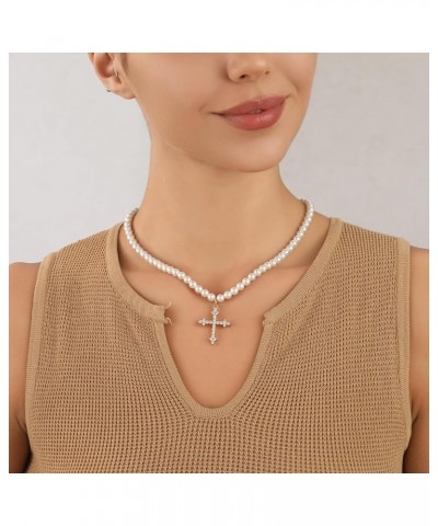 Double Cross Necklace for Women 14k Gold Plated Cross Pendant Necklace y2k Cubic Zirconia Pearl Cross Necklace for Boys Men W...