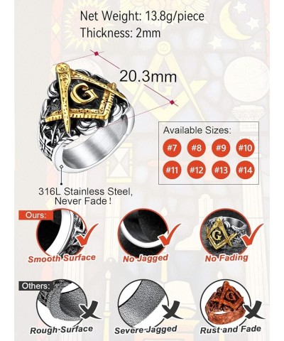 Masonic Signet Rings for Men, Stainless Steel Freemason Jewelry, Punk Biker Thumb Ring with Delicate Packaging 02. Masonic-Si...