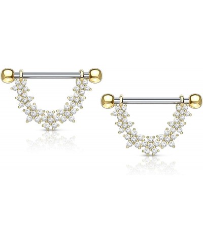 Pair of Surgical Steel 9/16 Inch (14mm) CZ Flower Daisy Chain Dangle Nipple Barbells Gold Tone $14.03 Body Jewelry