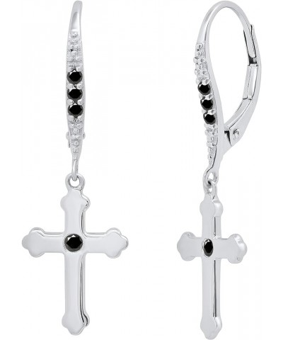 Round Gemstone or Diamond Cross Drop Lever Back Men's & Women's (Unisex) Earrings in 925 Sterling Silver Black Diamond $60.22...