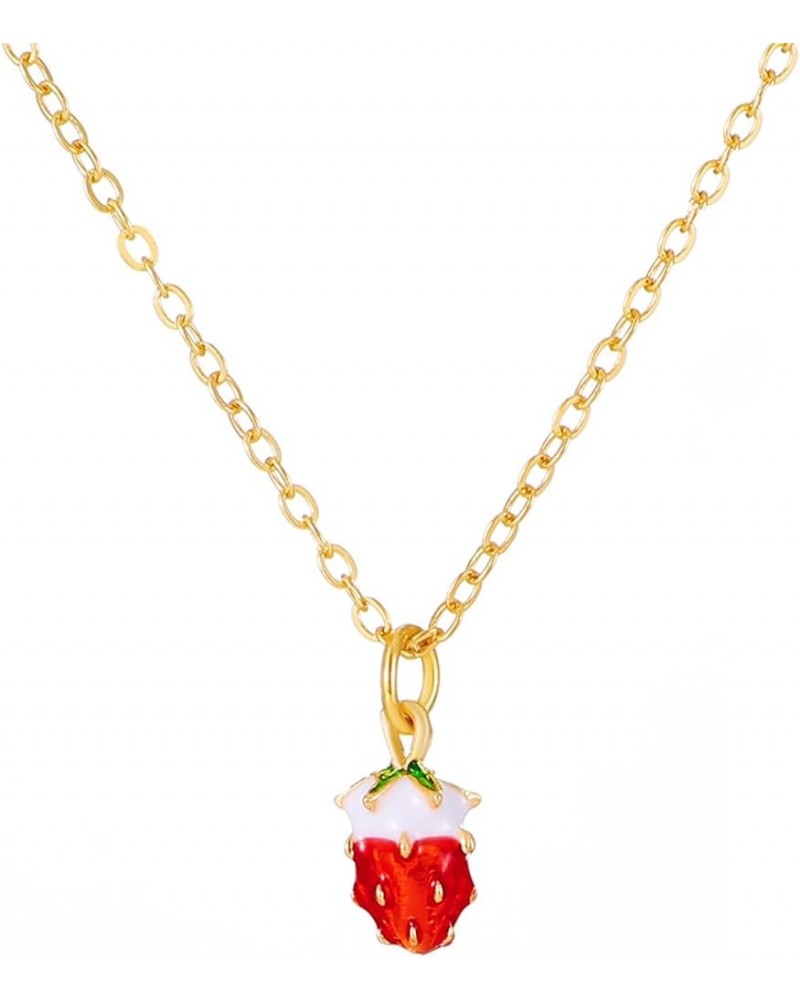 3D Strawberry Fruit Pendant Necklace Gold Plated Charm Sweet Red Enamel Summer Tropical Fruits Green Leaf Fresh Food Small Ch...