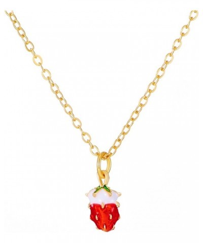 3D Strawberry Fruit Pendant Necklace Gold Plated Charm Sweet Red Enamel Summer Tropical Fruits Green Leaf Fresh Food Small Ch...