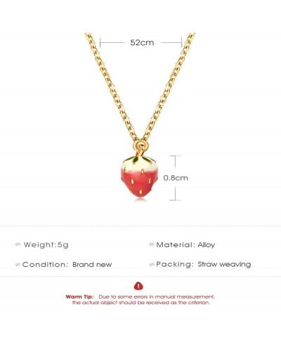 3D Strawberry Fruit Pendant Necklace Gold Plated Charm Sweet Red Enamel Summer Tropical Fruits Green Leaf Fresh Food Small Ch...