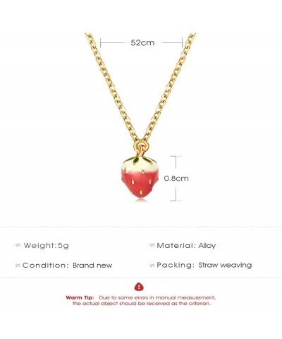 3D Strawberry Fruit Pendant Necklace Gold Plated Charm Sweet Red Enamel Summer Tropical Fruits Green Leaf Fresh Food Small Ch...