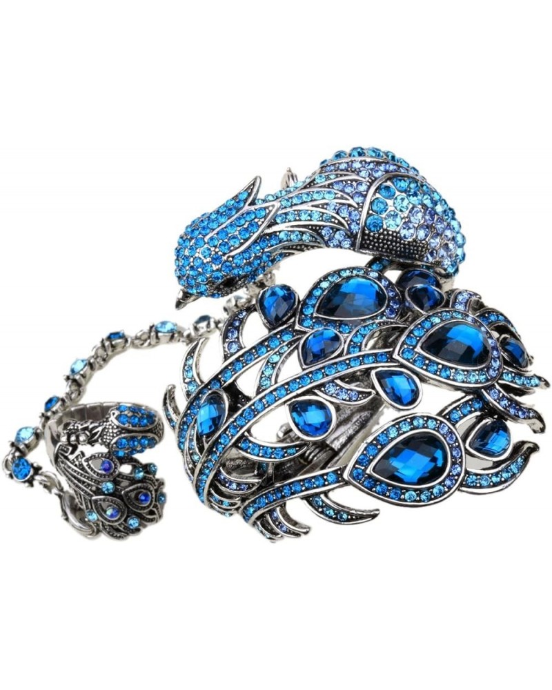 Women's Hinged Big Peacock Bracelet Slave Stretch Ring Set - Fit Wrist Size 6-1/2 to 7-1/2 Inch & Finger 7 to 9 - Lead Nickle...