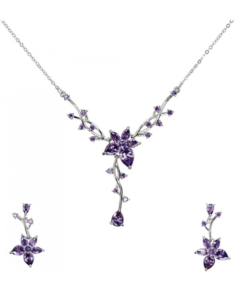 Gorgeous CZ Crystal Floral Necklace Earrings Set Purple $18.39 Bracelets