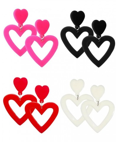 4 Pairs Double Heart Earrings 80S Candy Color Acrylic Neon Love Heart Dangle Drop Earring for Women Retro Colorful Stud Earri...