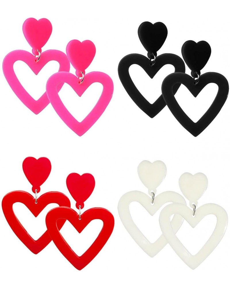 4 Pairs Double Heart Earrings 80S Candy Color Acrylic Neon Love Heart Dangle Drop Earring for Women Retro Colorful Stud Earri...