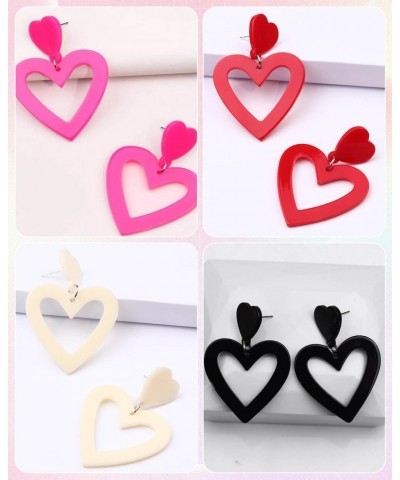 4 Pairs Double Heart Earrings 80S Candy Color Acrylic Neon Love Heart Dangle Drop Earring for Women Retro Colorful Stud Earri...