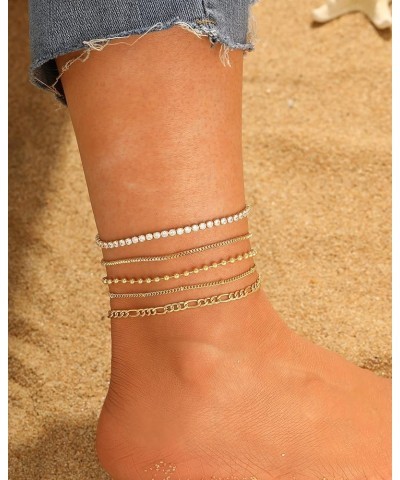 Gold Ankle Bracelets for Women, 14K Gold Cuban Link Evil Eye Anklets Set for Teen Girls Adjustable Layered Waterproof Summer ...