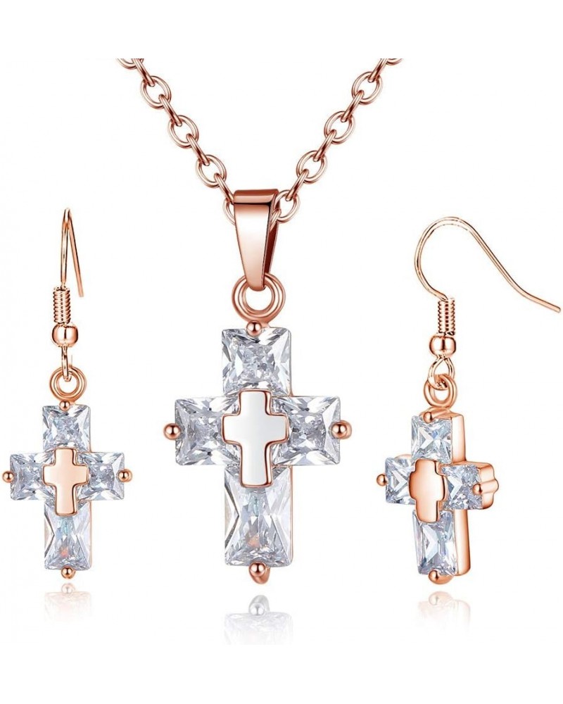 Gold Color Candy Cubic Zirconia Cross Pendant Necklace And Drop Dangle Earrings Religious Gift Set For Women Girls Rose Gold ...