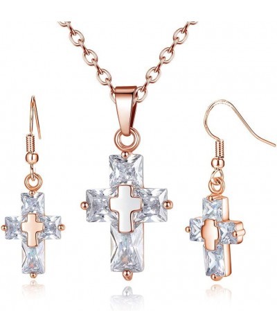 Gold Color Candy Cubic Zirconia Cross Pendant Necklace And Drop Dangle Earrings Religious Gift Set For Women Girls Rose Gold ...