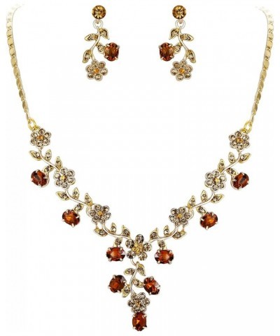 Flower Leaf Necklace Earrings Set Austrian Crystal 15_Brown Gold-Tone $13.91 Jewelry Sets