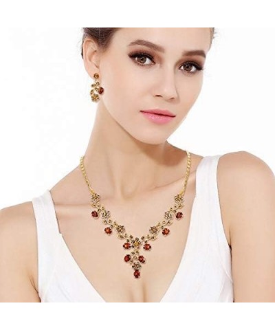 Flower Leaf Necklace Earrings Set Austrian Crystal 15_Brown Gold-Tone $13.91 Jewelry Sets