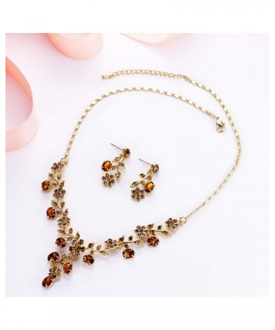 Flower Leaf Necklace Earrings Set Austrian Crystal 15_Brown Gold-Tone $13.91 Jewelry Sets