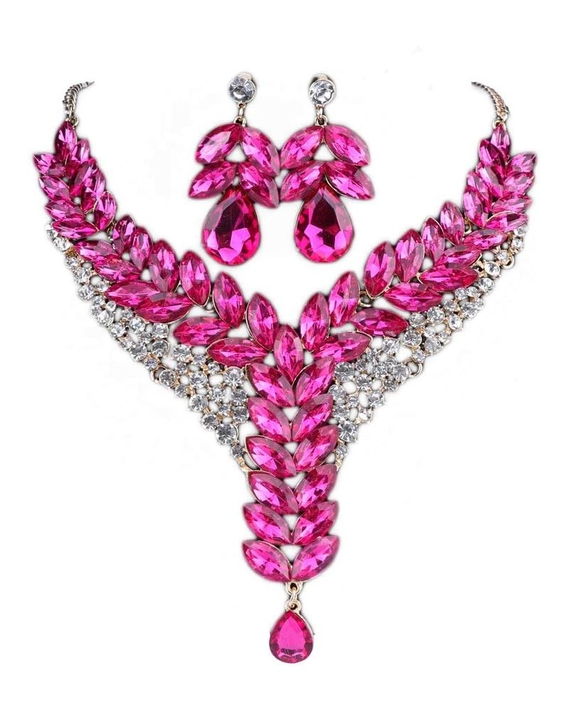 Women's Wedding Bridal Bridesmaid Rhinestone Crystal Statement Necklace Earrings Party Costume Jewelry Set Pink $10.56 Jewelr...