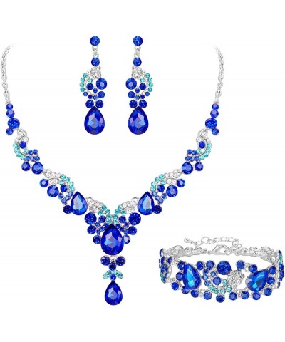 Rhinestone Crystal Bridal Art Deco Floral Wave Teardrop Necklace Earrings Bracelet Jewelry Set 9_Royal Blue Silver-Tone $16.5...