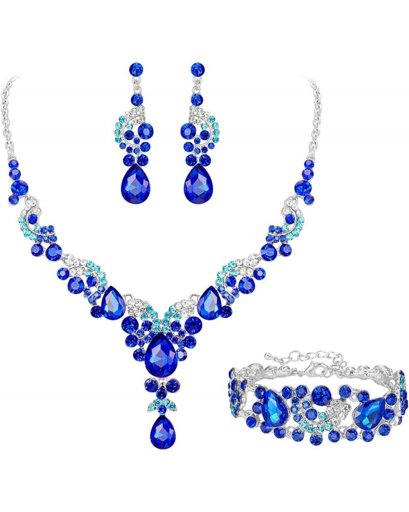 Rhinestone Crystal Bridal Art Deco Floral Wave Teardrop Necklace Earrings Bracelet Jewelry Set 9_Royal Blue Silver-Tone $16.5...